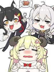 Rule 34 | + +, 3girls, :3, :d, = =, ahoge, animal ears, black hair, blonde hair, blush, boned meat, bow, bowtie, braid, drooling, fang, food, fork, grey eyes, grey hair, hair ornament, hairclip, hands up, highres, holding, holding fork, hololive, horns, imminent cannibalism, lion ears, long hair, long sleeves, looking at viewer, meat, mikan (chipstar182), mouth drool, multicolored hair, multiple girls, nose blush, ookami mio, ookami mio (casual), open mouth, orange eyes, red bow, red neckwear, sheep ears, sheep horns, shishiro botan, shishiro botan (1st costume), simple background, smile, spoken symbol, streaked hair, tearing up, tears, tsunomaki watame, tsunomaki watame (1st costume), v-shaped eyebrows, virtual youtuber, wavy mouth, white background, wolf ears
