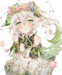 Rule 34 | 1girl, cherry blossoms, commentary request, detached sleeves, dress, falling petals, flower, genshin impact, gradient hair, green dress, green eyes, green hair, hair between eyes, hair flower, hair ornament, happy birthday, head wreath, highres, long hair, looking at viewer, multicolored hair, nahida (genshin impact), parted lips, petals, pink flower, pointy ears, puffy sleeves, rose petals, sleeveless, solo, sorani (kaeru0768), very long hair, water drop, white background, white hair