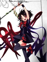 Rule 34 | 1girl, arms up, asymmetrical wings, black dress, black hair, black thighhighs, bow, character name, colorized, dress, harukawa moe, houjuu nue, one eye closed, open mouth, polearm, red bow, red eyes, red footwear, shoes, short dress, snake, solo, thighhighs, touhou, trident, weapon, wings