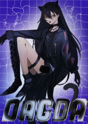 Rule 34 | 1girl, animal ears, arknights, black collar, black footwear, black gloves, black hair, black jacket, black shirt, black shorts, boots, character name, collar, collarbone, cropped jacket, dagda (arknights), fangs, full body, gloves, hair between eyes, highres, inu to milk, jacket, knees up, long hair, long sleeves, looking at viewer, open clothes, open jacket, open mouth, puffy long sleeves, puffy sleeves, purple background, shirt, short shorts, shorts, single thigh boot, sitting, solo, tail, thigh boots, very long hair, yellow eyes