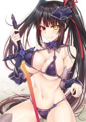 Rule 34 | 1girl, :d, absurdres, arm guards, armor, asymmetrical hair, bare shoulders, bikini armor, blue flower, blue rose, blunt bangs, blush, breasts, cleavage, clock eyes, collarbone, date a live, flower, grin, gu li, hair ribbon, heterochromia, highres, holding, holding sword, holding weapon, large breasts, long hair, navel, on floor, open mouth, red eyes, red ribbon, ribbon, rose, sidelocks, signature, simple background, sitting, smile, solo, stomach, stone floor, sword, symbol-shaped pupils, teeth, tokisaki kurumi, twintails, unaligned breasts, underboob, vambraces, very long hair, weapon, white background, yellow eyes