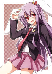 Rule 34 | 1girl, animal ears, breasts, checkered background, crescent, creta (taku10), female focus, finger gun, jacket, long hair, long sleeves, looking at viewer, medium breasts, necktie, open mouth, purple hair, rabbit ears, red eyes, red necktie, reisen udongein inaba, shirt, skirt, solo, touhou, very long hair