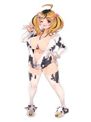 Rule 34 | 1girl, ahoge, animal-themed footwear, animal print, black hair, blonde hair, breasts, brown eyes, center opening, cow print, dairoku ryouhei, full body, hair ornament, hairclip, heart, heart hair ornament, highres, huge breasts, jewelry, long hair, long sleeves, looking at viewer, multicolored hair, multicolored nails, navel, necklace, one eye closed, open mouth, parted bangs, photoshop (medium), red nails, ryoji (nomura ryouji), slippers, solo, standing, star (symbol), star hair ornament, streaked hair, thick thighs, thighhighs, thighs, transparent background, two-tone hair, white nails
