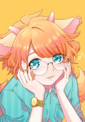 Rule 34 | 1boy, animal ears, blue eyes, glasses, horns, looking at viewer, male focus, mel6969, open mouth, orange hair, round eyewear, selen (show by rock!!), sheep boy, sheep ears, sheep horns, short hair, short sleeves, show by rock!!, smile, solo, watch, wristwatch, yellow background