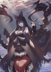 Rule 34 | 1girl, absurdres, abyssal ship, arched back, bare shoulders, black bow, black chemise, black hair, bow, chain, chemise, choker, clawed gauntlets, claws, closed mouth, cloud, collar, cuffs, day, detached sleeves, dress, elbow gloves, fingerless gloves, gauntlets, gloves, hair bow, highres, huge bow, kantai collection, long hair, looking at viewer, monster, navel, ocean, red eyes, saliva, seaplane tender princess, shackles, sharp teeth, single fingerless glove, sky, solo, strapless, strapless dress, sunlight, teeth, tentacles, tongue, very long hair, w arms, water, yan ge