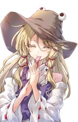 Rule 34 | 1girl, :p, absurdres, adapted costume, bare shoulders, blonde hair, brown hat, colored eyelashes, commentary request, darjeeling (reley), detached sleeves, duplicate, hair between eyes, hair ribbon, hands up, hat, highres, long hair, long sleeves, long tongue, looking at viewer, moriya suwako, purple vest, ribbon, ribbon-trimmed sleeves, ribbon trim, shirt, sidelocks, simple background, smile, solo, tongue, tongue out, touhou, upper body, vest, white background, white shirt, wide sleeves, yellow eyes