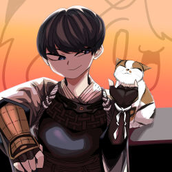 Rule 34 | 1boy, armor, black eyes, black gloves, black hair, black survival, bob cut, breastplate, calico, cat, chin stroke, closed mouth, commentary request, fingerless gloves, gloves, highres, japanese armor, japanese clothes, kimono, kurodani yamame, looking at animal, looking to the side, male focus, orange background, petting, rinyamame, short hair, shoulder armor, smile, sode, solo, touhou, upper body, white kimono, yuki (black survival)