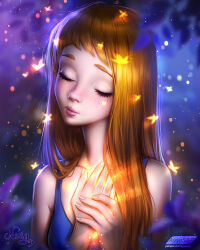 Rule 34 | 1girl, ayya sap, brown hair, closed eyes, closed mouth, collaboration, dress, fantasy, freckles, long hair, nature, original, purple dress, realistic, red hair, sleeveless, sleeveless dress, solo, sparkle, upper body