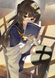 Rule 34 | 1girl, absurdres, black eyes, black hair, black sailor collar, black thighhighs, blue shirt, blue skirt, blush, book, bookshelf, brown-framed eyewear, chain, commentary request, covered mouth, feet out of frame, glasses, hands up, highres, holding, holding book, indoors, lab coat, long hair, long sleeves, looking at viewer, off shoulder, on chair, open book, open clothes, original, pleated skirt, sailor collar, scottie (phantom2), semi-rimless eyewear, shirt, sitting, skirt, sleeves past wrists, solo, thighhighs, under-rim eyewear, very long hair, wooden floor