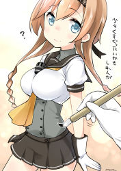 Rule 34 | 10s, 1boy, 1girl, absurdres, admiral (kancolle), between breasts, blue eyes, braid, breasts, brown hair, calligraphy brush, commentary request, corset, gloves, hachimaki, headband, highres, holding, kantai collection, large breasts, long hair, miniskirt, paintbrush, pleated skirt, ryuki (ryukisukune), school uniform, serafuku, simple background, skirt, smile, teruzuki (kancolle), translation request, twin braids, white background, white gloves