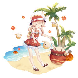 Rule 34 | 1girl, :d, ^ ^, absurdres, ahoge, alternate costume, azuyuki, backpack, bag, beach, casual, closed eyes, clover print, coconut tree, commentary, dodoco (genshin impact), english commentary, frilled skirt, frills, full body, genshin impact, hair between eyes, hat, highres, jumpy dumpty, klee (genshin impact), leaning forward, light brown hair, long hair, looking at viewer, mary janes, ocean, open mouth, palm tree, randoseru, shoes, sidelocks, skirt, slime (genshin impact), smile, solo, standing, standing on one leg, sun hat, tree, white legwear