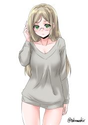 Rule 34 | 1girl, alternate costume, blonde hair, breasts, casual, cleavage, cowboy shot, glasses, green eyes, grey sweater, hair down, highres, kantai collection, katori (kancolle), large breasts, long sleeves, looking at viewer, one-hour drawing challenge, rimless eyewear, simple background, solo, sweater, takomeshi, twitter username, white background