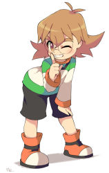 Rule 34 | 1girl, boots, brown eyes, brown hair, finger to mouth, glasses, grin, hyakujuu-ou golion, leaning forward, miyata (lhr), one eye closed, pidge gunderson, reverse trap, shorts, smile, solo, voltron: legendary defender, voltron (series)