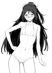 Rule 34 | 1girl, bikini, blush, closed mouth, collarbone, cowboy shot, greyscale, hair between eyes, hair ribbon, hand on own hip, highres, kantai collection, katsuragi (kancolle), long hair, looking at viewer, monochrome, navel, ponytail, ribbon, simple background, solo, swimsuit, takaman (gaffe), wavy mouth, white background