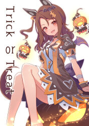 Rule 34 | 1girl, absurdres, barefoot, bat hair ornament, brown hair, collar, dress, ear covers, hair ornament, halloween, highres, horse girl, king halo (umamusume), looking at viewer, multicolored clothes, neko senshi, open mouth, puffy short sleeves, puffy sleeves, pumpkin, red eyes, short sleeves, simple background, sitting, solo, striped clothes, striped dress, trick or treat, umamusume, wavy hair, white background