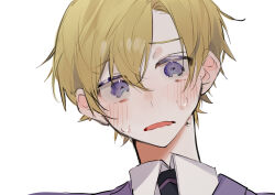 Rule 34 | 1boy, absurdres, bishounen, black necktie, blonde hair, blue eyes, blush, close-up, commentary, hair between eyes, highres, jacket, looking at object, male focus, necktie, open mouth, ouran high school host club, ouran high school uniform, pov, purple jacket, school uniform, short hair, simple background, solo, suou tamaki, sweat, u-sama (u summer0719), wavy mouth, white background, wide-eyed