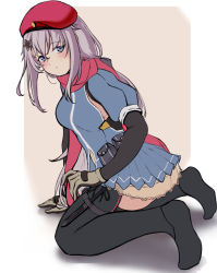Rule 34 | 1girl, 3 small spiders, 9a-91 (girls&#039; frontline), absurdres, beret, black thighhighs, blue dress, blue eyes, blush, breasts, brown gloves, closed mouth, dress, from side, girls&#039; frontline, gloves, grey hair, hair ornament, hat, highres, knife sheath, long hair, looking at viewer, no shoes, on floor, red hat, red scarf, scarf, sheath, simple background, solo, star (symbol), star hair ornament, thighhighs