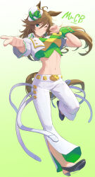 Rule 34 | 1girl, absurdres, ahoge, animal ears, artist name, black footwear, breasts, brown hair, buruma, character name, choker, clenched hands, commentary request, cropped jacket, floating hair, full body, gradient-tinted eyewear, green eyes, hair between eyes, hair ornament, hairclip, hat, highres, horse ears, horse girl, horse tail, jacket, long hair, long sleeves, midriff, mini hat, mini top hat, mr. c.b. (umamusume), mukakin, navel, one eye closed, pants, round teeth, shirt, shoes, simple background, single sleeve, single wrist cuff, small breasts, smile, solo, strapless, strapless shirt, tail, teeth, top hat, umamusume, upper teeth only, white background, white jacket, white pants, wrist cuffs
