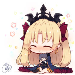Rule 34 | 1girl, :&gt;, ^ ^, barefoot, beni shake, black sleeves, black thighhighs, blonde hair, blue cloak, blue dress, blush, bow, character doll, chibi, cloak, closed eyes, closed mouth, commentary request, detached sleeves, dress, earrings, ereshkigal (fate), fate/grand order, fate (series), floral background, fujimaru ritsuka (male), full body, fur-trimmed cloak, fur-trimmed collar, fur trim, hair bow, hugging doll, hugging object, infinity symbol, jewelry, long hair, no shoes, nose blush, parted bangs, red bow, shadow, signature, single sleeve, single thighhigh, thighhighs, tiara, two side up, very long hair, white background