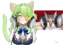 Rule 34 | 1girl, absurdres, animal ears, blush, breasts, cat, cat ears, cat girl, cat tail, ceres fauna, ceres fauna (1st costume), cleavage, commentary, english commentary, green hair, headphones, highres, hololive, hololive english, large breasts, looking at viewer, medium hair, meme request, mole, mole under eye, photo-referenced, photo inset, pout, psypolo d, reference inset, solo, tail, upper body, white background, yellow eyes