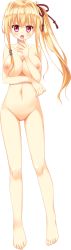 Rule 34 | 1girl, absurdres, barefoot, blonde hair, blush, breast hold, breasts, censored, completely nude, full body, hand to own mouth, highres, kamishiro kohaku, large breasts, long hair, looking at viewer, lost echoes, mosaic censoring, navel, nipples, non-web source, nude, official art, open mouth, pussy, red eyes, side ponytail, sidelocks, solo, standing, tamiya akito, transparent background