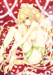 Rule 34 | 10s, 1girl, bad id, bad pixiv id, barefoot, blonde hair, breasts, elf, fairy, fairy wings, feathers, feet, green eyes, green ribbon, large breasts, leafa, long hair, looking at viewer, naked ribbon, nude, pointy ears, ponytail, ribbon, sitting, smile, solo, sword art online, very long hair, wings, yashiro seika