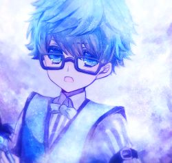 Rule 34 | 10s, 1boy, black-framed eyewear, blue eyes, blue hair, bow, bowtie, fate/extra, fate/extra ccc, fate/grand order, fate (series), glasses, hans christian andersen (fate), looking at viewer, male focus, matching hair/eyes, open mouth, sabikawa, solo, sweater vest, upper body, vest