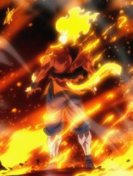 Rule 34 | 1boy, alternate form, alternate universe, ankle boots, arm hair, black pants, blonde hair, boots, commentary, daffduff, dark-skinned male, dark skin, dragon ball, english commentary, fiery hair, fire, from behind, full body, glowing, glowing hair, glowing tail, highres, leg wrap, legend: a dragon ball tale, muscular, muscular male, pants, redesign, solo, son goku, standing, super saiyan, tail, topless male