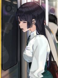 Rule 34 | 1girl, bag, black hair, bocchi the rock!, breasts, brown bag, chin piercing, commentary request, dress shirt, drooling, earclip, earrings, funi mu9, green ribbon, green skirt, highres, hime cut, jewelry, long hair, medium breasts, neck ribbon, open mouth, pa-san, pleated skirt, puffy sleeves, reflection, ribbon, school bag, school uniform, shirt, skirt, sleeping, solo focus, standing, stud earrings, white shirt