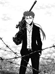 Rule 34 | 1boy, alternate costume, barbed wire, black gloves, cu chulainn (fate), earrings, fate/stay night, fate (series), formal, gloves, greyscale, gun, highres, jewelry, kuroguro, cu chulainn (fate/stay night), looking at viewer, male focus, monochrome, ponytail, rifle, smile, sniper rifle, solo, suit, weapon