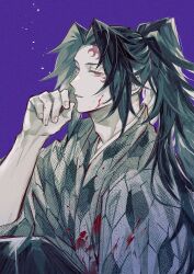 Rule 34 | 1boy, black hair, blood, blood on clothes, blood on face, commentary request, expressionless, facial mark, fingernails, greyscale, greyscale with colored background, hand up, high ponytail, highres, honeycomb (pattern), japanese clothes, kimetsu no yaiba, kimono, long hair, looking at viewer, male focus, monochrome, oyumai, parted bangs, parted lips, ponytail, purple background, purple eyes, sidelocks, simple background, solo, spot color, tsugikuni michikatsu, upper body