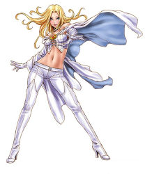 Rule 34 | 10s, 1girl, animification, arm behind back, bare shoulders, blonde hair, blue eyes, boots, breasts, cape, choker, cleavage, contrapposto, corset, crop top, elbow gloves, emma frost, fighting stance, foreshortening, full body, gloves, high heel boots, high heels, hip focus, leaning to the side, legs apart, lipstick, long hair, looking at viewer, lowleg, makeup, marvel, midriff, navel, no bra, outstretched arm, outstretched hand, pants, shoes, simple background, skin tight, smile, solo, spread legs, standing, strapless, superhero costume, thigh boots, thighhighs, tube top, white background, white thighhighs, wide hips, wind, x-men, yamashita shun&#039;ya