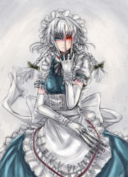 Rule 34 | 1girl, between fingers, elbow gloves, female focus, gloves, glowing, glowing eyes, heterochromia, holding, izayoi sakuya, knife, maid, maid headdress, panzer (p.z), solo, throwing knife, touhou, weapon