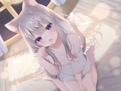 Rule 34 | 1girl, animal ear fluff, animal ears, barefoot, blunt bangs, blush, breasts, cat ears, cat girl, cat tail, dutch angle, eyes visible through hair, fang, fisheye, from above, grey hair, hair censor, hair over breasts, hand up, highres, indoors, leo (mafuyu), long hair, looking at viewer, mafuyu (chibi21), non-web source, off shoulder, on bed, open mouth, original, paw pose, purple eyes, shirt, sitting, small breasts, solo, tail, upper body, wariza, white shirt