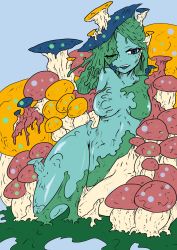 Rule 34 | 1girl, blue skin, breasts, colored skin, green skin, highres, hkdd99, medium breasts, monster girl, multicolored skin, mushroom, mushroom girl, one eye closed, open mouth, smile, solo