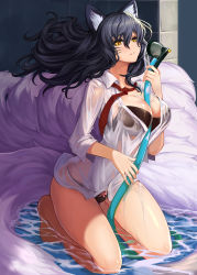 Rule 34 | 1girl, ahri (league of legends), animal ears, barefoot, between breasts, black bra, black hair, black panties, bow, bow panties, bra, breasts, buttons, cat ears, collared shirt, dress shirt, dripping, eyebrows, eyelashes, facial mark, floating hair, fox tail, goomrrat, hair between eyes, hose, kneeling, large breasts, league of legends, long hair, looking at viewer, multiple tails, necktie, no pants, panties, parted lips, partially submerged, pink bow, red necktie, see-through, shirt, shower head, sleeves past elbows, slit pupils, solo, tail, unbuttoned, underwear, water, wet, wet clothes, whisker markings, white shirt, yellow eyes