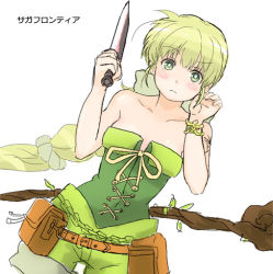 Rule 34 | 1girl, bad id, bad pixiv id, bare shoulders, blush stickers, bracelet, breasts, commentary request, corset, green eyes, green hair, jewelry, knife, long hair, lowres, multi-tied hair, ponytail, pouch, ribbon, saga, saga frontier 2, shimura (hosshi), shorts, solo, staff, very long hair, virginia knights, weapon