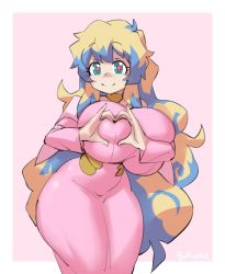 Rule 34 | 1girl, blue eyes, blush, borvar, breasts, curvy, dress, heart, heart hands, highres, huge breasts, long hair, looking at viewer, nia teppelin, pink background, pink dress, simple background, smile, solo, symbol-shaped pupils, tengen toppa gurren lagann, thick thighs, thighs, very long hair, wide hips
