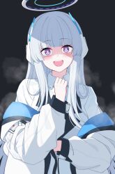 Rule 34 | 1girl, black background, blue archive, blush, bright pupils, collared shirt, commentary, halo, hand up, headphones, heavy breathing, highres, hime cut, jacket, lapels, long hair, long sleeves, looking at viewer, mechanical halo, noa (blue archive), off shoulder, open clothes, open jacket, open mouth, puffy long sleeves, puffy sleeves, purple eyes, reia 76, shaded face, shirt, smile, teeth, two-sided fabric, two-sided jacket, upper body, upper teeth only, white hair, white jacket, white shirt, yandere