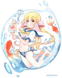 Rule 34 | 1girl, bare legs, bikini, blonde hair, blue nails, blue sailor collar, blush, bow, breasts, brown eyes, cleavage, closed mouth, commentary request, fingernails, fish, food, goldfish, hair between eyes, hair bow, holding, holding spoon, long hair, nail polish, original, pink bow, puffy short sleeves, puffy sleeves, rougetsu, sailor collar, sandals, shaved ice, short sleeves, simple background, small breasts, smile, solo, spoon, striped bikini, striped bow, striped clothes, swimsuit, twintails, twitter username, very long hair, water, white background, white footwear, wind chime, yellow bow