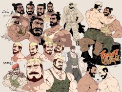 Rule 34 | 2boys, abs, arabic text, bara, bare pectorals, beard, blonde hair, boots, brown hair, bulge, character name, collage, couple, expressions, eye contact, facial hair, flexing, green tank top, hat, heart, highres, jacket, jacket on shoulders, large pectorals, looking at another, male focus, manly, midriff peek, military hat, multicolored hair, multiple boys, multiple views, muscular, navel, nipple slip, nipples, on person, original, pectoral docking, pectoral press, pectorals, rybiok, short hair, sitting, sitting on person, tank top, thick thighs, thighs, two-tone hair, white tank top, yaoi