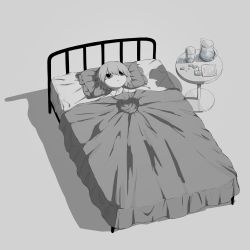 Rule 34 | 1other, absurdres, avogado6, bed frame, black eyes, closed mouth, commentary request, drink, drugs, grey background, grey hair, heart, highres, lying, on back, on bed, original, pitcher (container), solo, under covers, wide-eyed