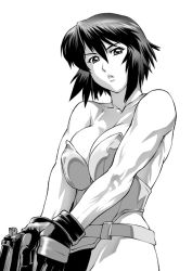 Rule 34 | 00s, 1girl, belt, breasts squeezed together, breasts, cleavage, ghost in the shell, ghost in the shell stand alone complex, gloves, greyscale, gun, highleg, highleg leotard, kusanagi motoko, large breasts, leotard, monochrome, muscular, short hair, solo, ueyama michirou, weapon