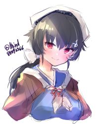 Rule 34 | 1girl, bandana, black hair, blue serafuku, breasts, commentary request, hair flaps, hair ornament, hairclip, headgear, highres, jingei (kancolle), kantai collection, large breasts, long hair, looking at viewer, low ponytail, o-sirius, red eyes, school uniform, serafuku, shawl, simple background, solo, twitter username, white background, white neckwear