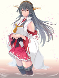 Rule 34 | 1girl, black hair, boots, brown eyes, commentary request, detached sleeves, hair ornament, hairband, hairclip, hakama, hakama short skirt, hakama skirt, haruna (kancolle), headgear, highres, japanese clothes, kantai collection, long hair, looking at viewer, map (blue catty), petals, red hakama, red skirt, ribbon-trimmed sleeves, ribbon trim, simple background, skirt, smile, solo, standing, thigh boots, wading, white background