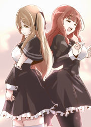 Rule 34 | 2girls, :d, ^ ^, assault lily, black capelet, black pantyhose, black ribbon, black skirt, blunt bangs, breasts, brown background, brown hair, capelet, closed eyes, closed mouth, commentary request, cowboy shot, cropped jacket, detached sleeves, frilled skirt, frilled sleeves, frills, from side, gradient background, hair ribbon, half-closed eyes, hands up, high-waist skirt, highres, juliet sleeves, kaede johan nouvel, kuo shenlin, light brown hair, long hair, long sleeves, looking away, medium breasts, miniskirt, multiple girls, neck ribbon, one side up, open mouth, own hands together, pantyhose, puffy sleeves, ribbon, school uniform, shirt, sidelocks, skirt, smile, standing, teeth, thighhighs, upper teeth only, urutsu sahari, v arms, very long hair, white background, white shirt, white thighhighs, yellow eyes, yurigaoka girls academy school uniform, zettai ryouiki