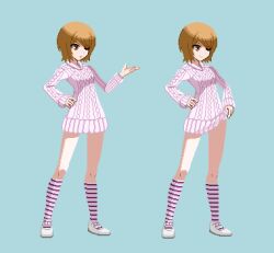 Rule 34 | 1girl, aran sweater, blue background, breasts, brown eyes, brown hair, cable knit, child, closed mouth, commentary request, dress, dual persona, full body, hair over one eye, hand on own hip, hand up, kinuhata saiai, long sleeves, lowres, medium bangs, one eye closed, parted lips, pixel art, short dress, short hair, silkflag, simple background, small breasts, smile, socks, solo, standing, striped clothes, striped socks, sweater, sweater dress, toaru majutsu no index, toaru majutsu no index: old testament, white footwear
