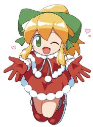 Rule 34 | 1girl, ;d, alternate costume, android, blonde hair, boots, capelet, cocia (kosianko), dress, fur trim, gloves, green eyes, green ribbon, hair ribbon, heart, long hair, looking at viewer, mega man (classic), mega man (series), one eye closed, open mouth, outstretched hand, pom pom (clothes), ponytail, red capelet, red dress, red footwear, red gloves, red skirt, ribbon, roll (mega man), sidelocks, skirt, smile