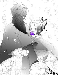 Rule 34 | 1boy, 1girl, adapted costume, arms at sides, bad id, bad pixiv id, butterfly hair ornament, cloak, covered mouth, cowboy shot, facing away, flower, flower over mouth, from behind, hair flower, hair ornament, hand up, height difference, highres, holding, holding flower, japanese clothes, kimetsu no yaiba, kimono, kochou shinobu, long hair, long sleeves, looking at another, looking away, looking to the side, low ponytail, monochrome, obi, petals, ponytail, purple flower, sachinyopo, sash, side-by-side, spot color, tomioka giyuu, two-sided cloak, two-sided fabric, updo, wind