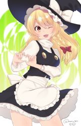 Rule 34 | 1girl, ;d, apron, asa (coco), black hat, black skirt, black vest, blonde hair, blush, bow, braid, breasts, brown eyes, commentary request, cowboy shot, fang, frilled apron, frills, hair between eyes, hair bow, hat, hat bow, heart, heart hands, kirisame marisa, long hair, long sleeves, looking at viewer, medium breasts, miniskirt, one eye closed, open mouth, petticoat, red bow, shirt, single braid, skin fang, skirt, skirt set, smile, solo, standing, thighs, touhou, twitter username, vest, waist apron, white apron, white background, white bow, white shirt, witch hat